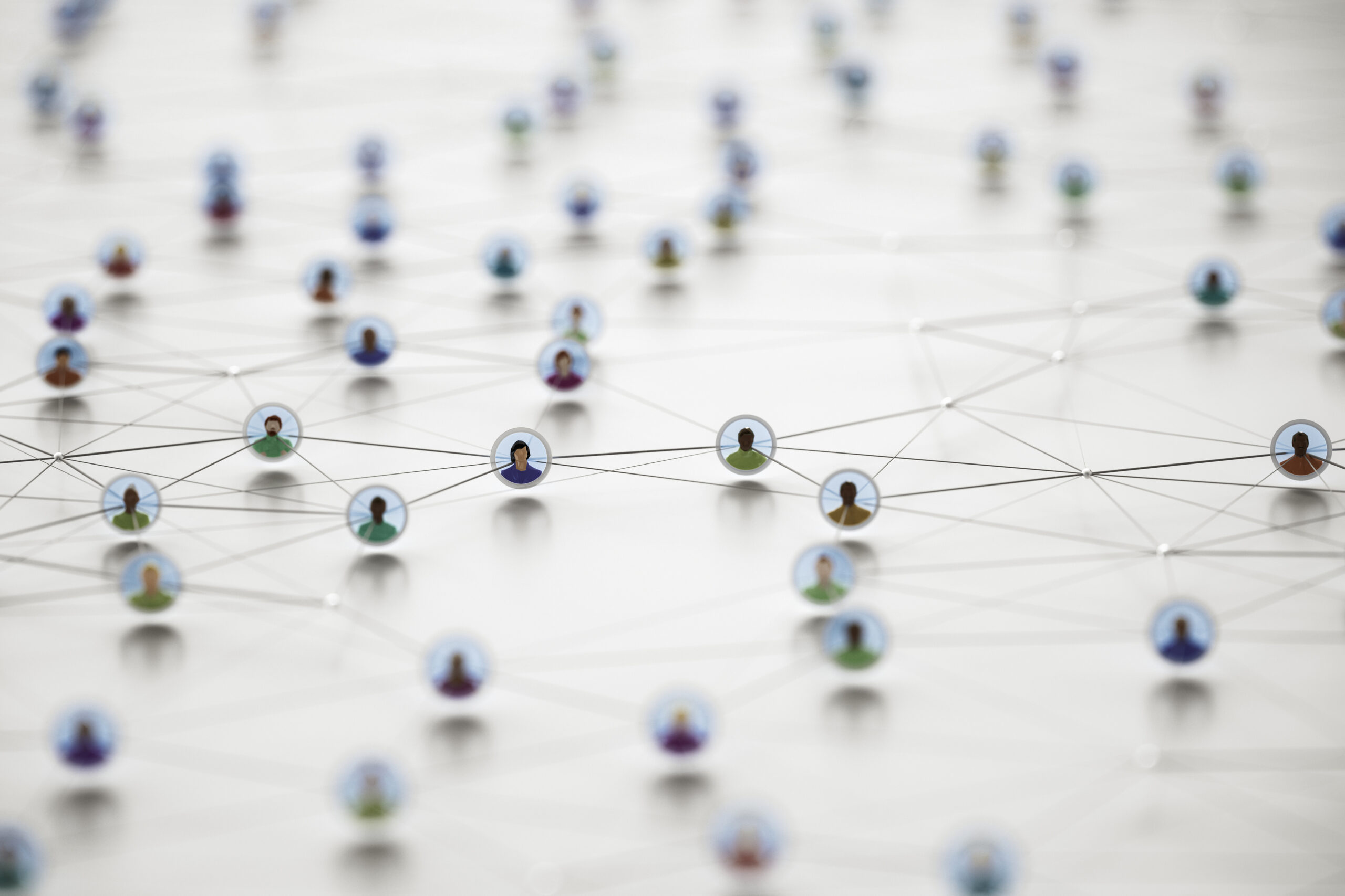 A virtual network featuring connected 3D avatars.