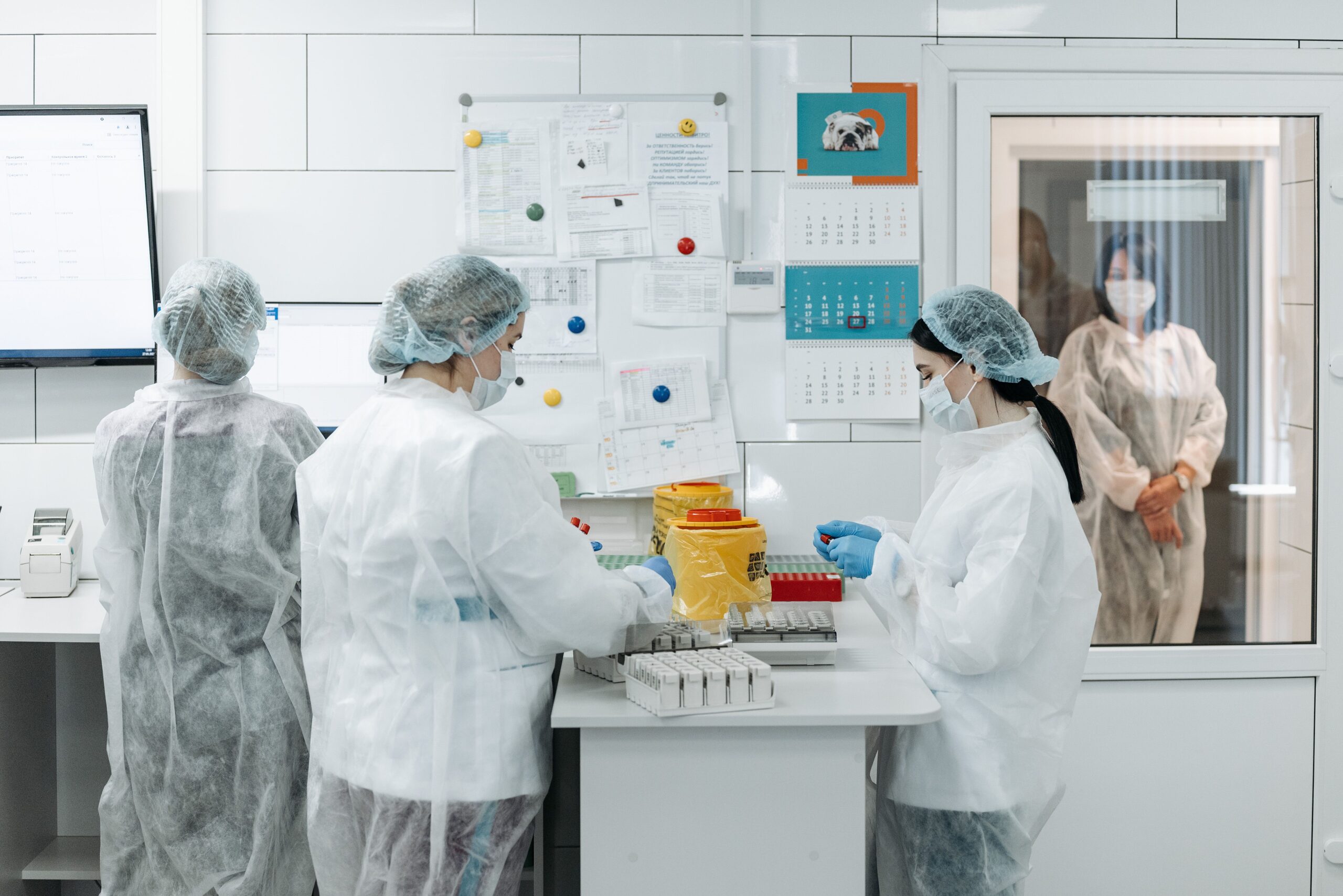 Medical researchers conduct experiments in a controlled lab environment